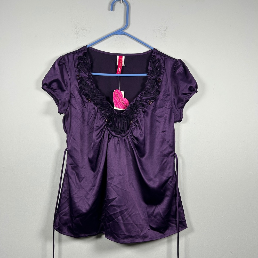 Heart Soul Blouse Women's M Purple Satin Ruffle Beaded Top Babydoll Y2K Goth